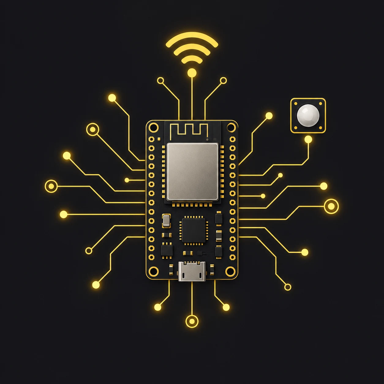 Placa de microcontrolador ao centro, com trilhas de circuito amarelas e simbolo de WiFi, sobre fundo escuro