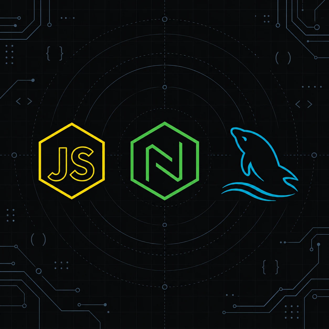 Emblema hexagonal do JavaScript em amarelo ao lado do hexagono verde do Node.js e do golfinho do MySQL sobre um banco de dados, em contorno sobre fundo escuro com circuitos