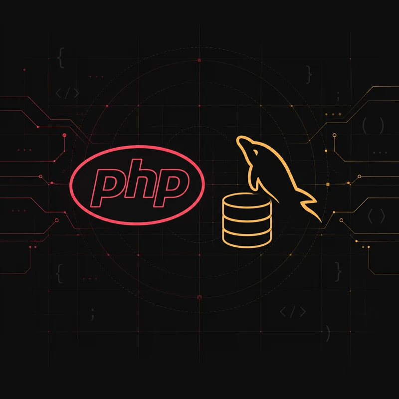 Logotipo do PHP ao lado do golfinho do MySQL, sobre fundo escuro
