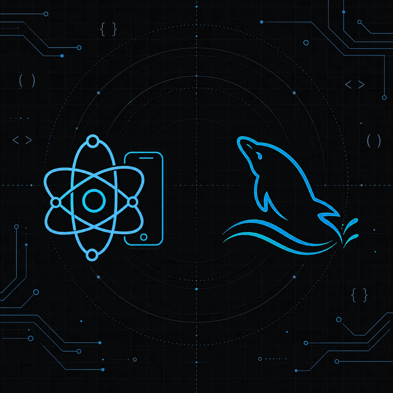 Simbolo do React Native ao lado do golfinho do MySQL, em contorno azul e ciano sobre fundo escuro com circuitos